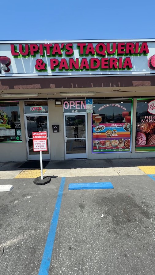 Lupita’s Taqueria and Panaderia storefront at 2341 El Camino Real with its red and green sign