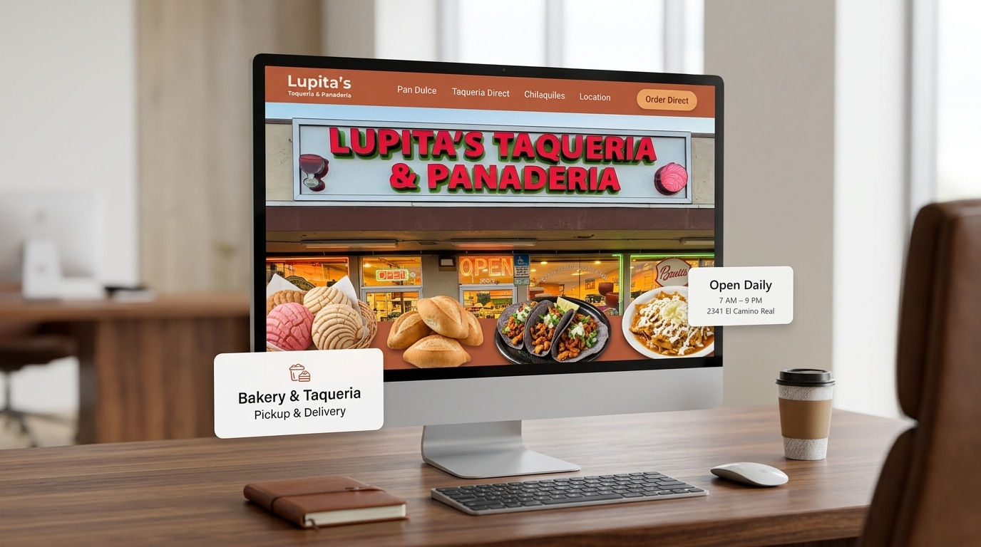 Concept: Lupita’s Taqueria and Panaderia website on a desktop screen, featuring the real storefront sign, pan dulce, tacos and chilaquiles